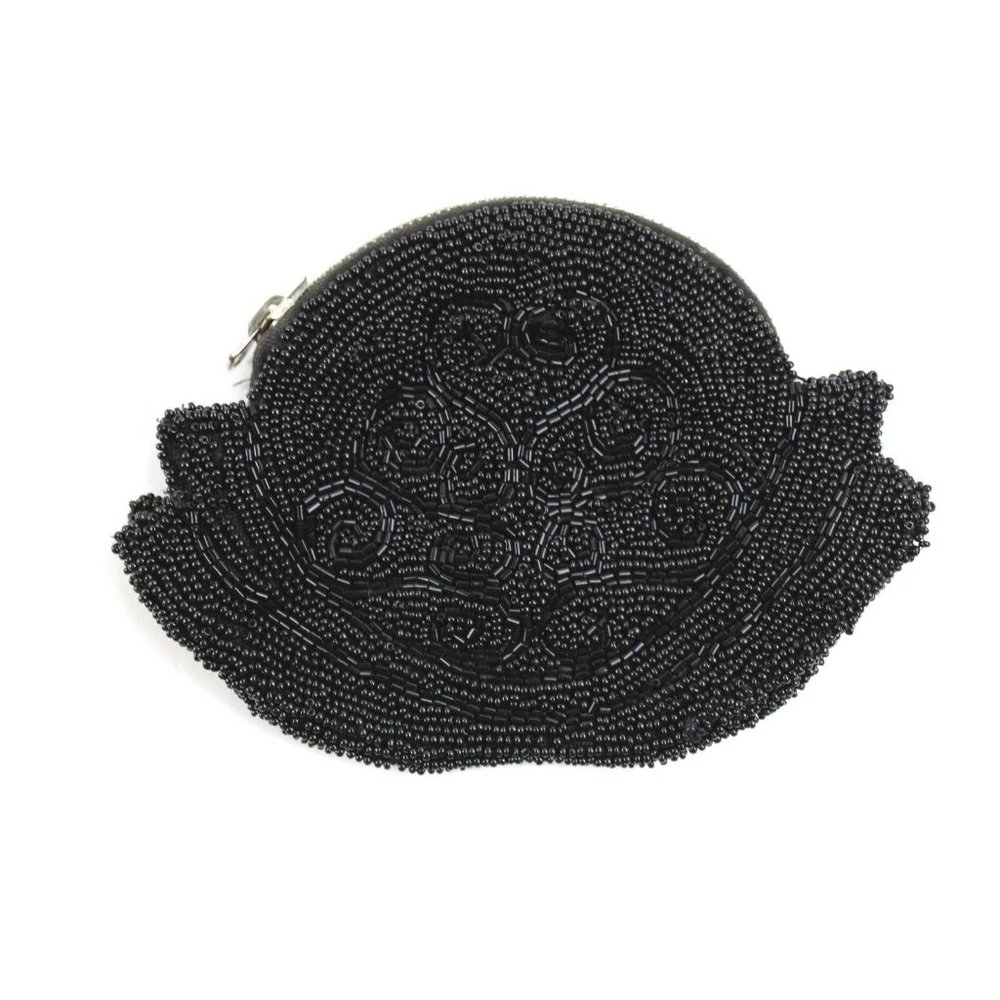 Vintage Black Beaded Zip Coint Purse Made in France 6" wide x 4.25" Beautiful